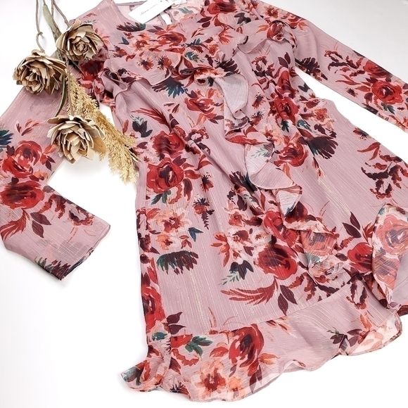 New Lovers + Friends Pink Floral Gold Metallic Stripe Sheer Ruff… - Picture 15 of 16